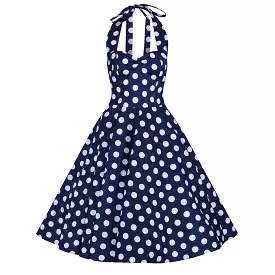 Navy Blue and White Vintage 1950s Polka Dot Swing Dress