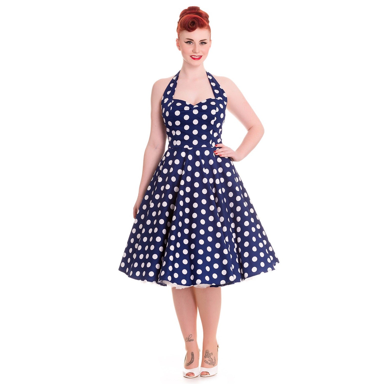 Navy Blue and White Vintage 1950s Polka Dot Swing Dress