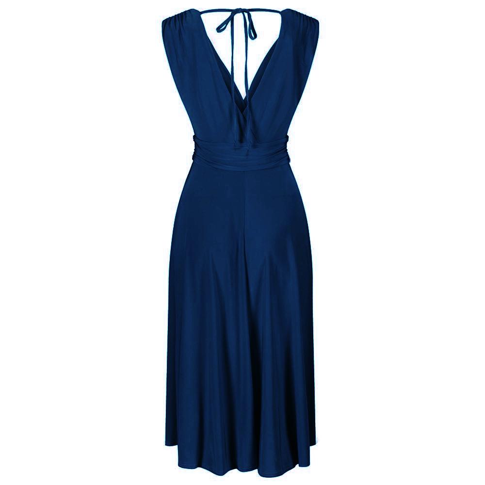 Navy Blue Crossover Top V Neck Tie Waist Cocktail Dress