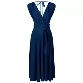 Navy Blue Crossover Top V Neck Tie Waist Cocktail Dress