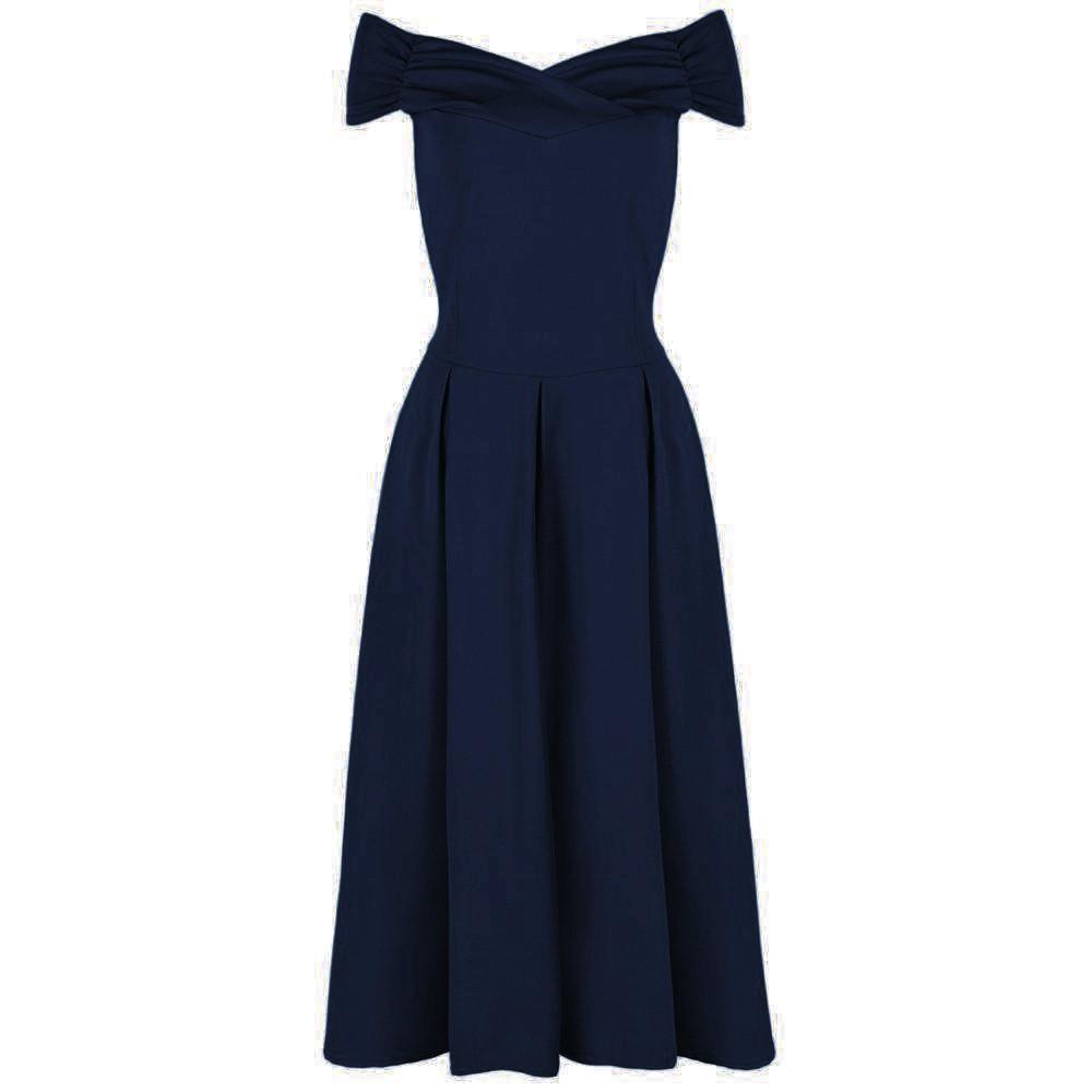 Navy Blue Crossover Vintage Bardot 50s Swing Dress