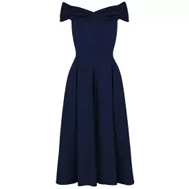 Navy Blue Crossover Vintage Bardot 50s Swing Dress