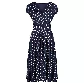 Navy Blue Polka Dot Cap Sleeve Fit And Flare Midi Dress