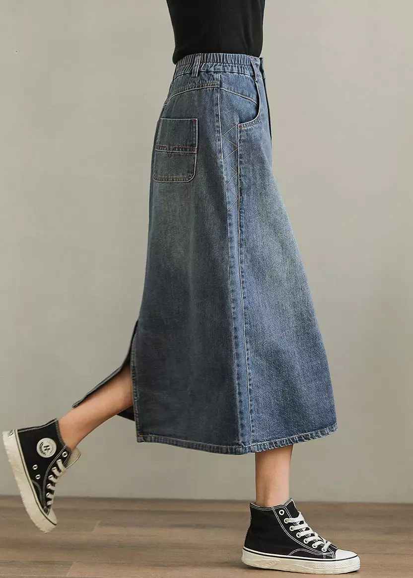 New Denim Blue Pockets Side Open High Waist Denim Skirt Summer QA1001