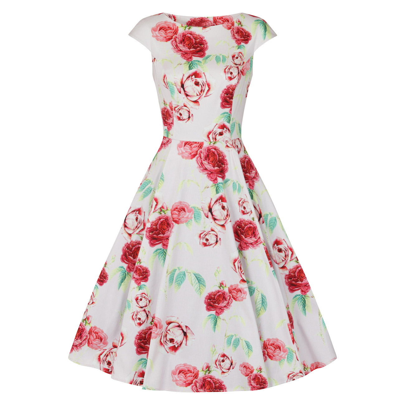 Off White Pink Vintage Floral 50s Summer Swing Dress