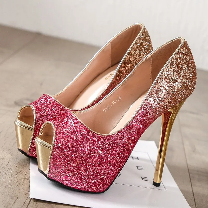 Office Shoes Peep Toe Square heel Slip On Sequined High Heels