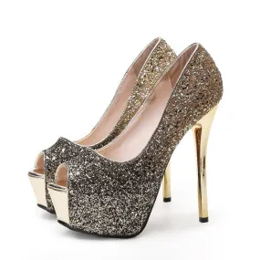 Office Shoes Peep Toe Square heel Slip On Sequined High Heels