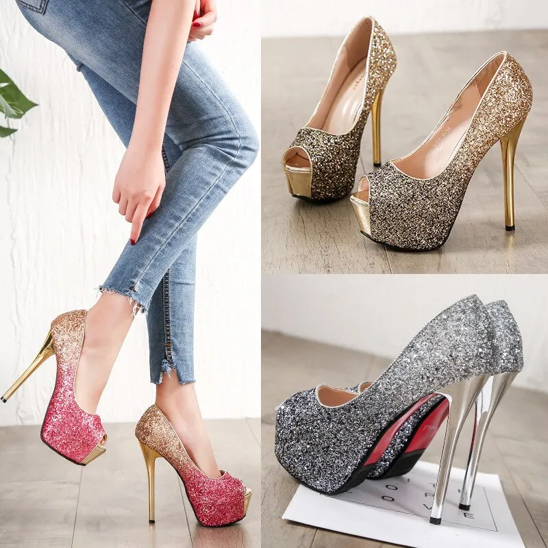 Office Shoes Peep Toe Square heel Slip On Sequined High Heels