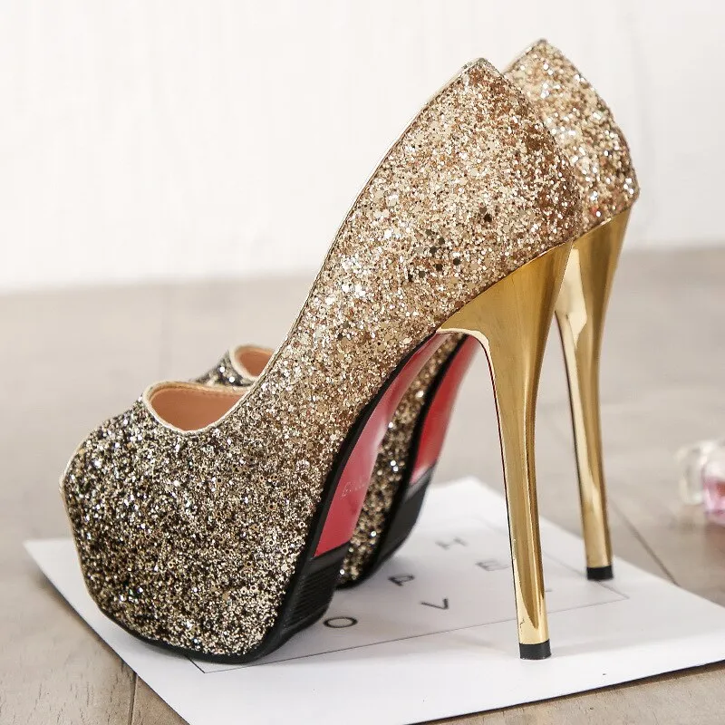 Office Shoes Peep Toe Square heel Slip On Sequined High Heels