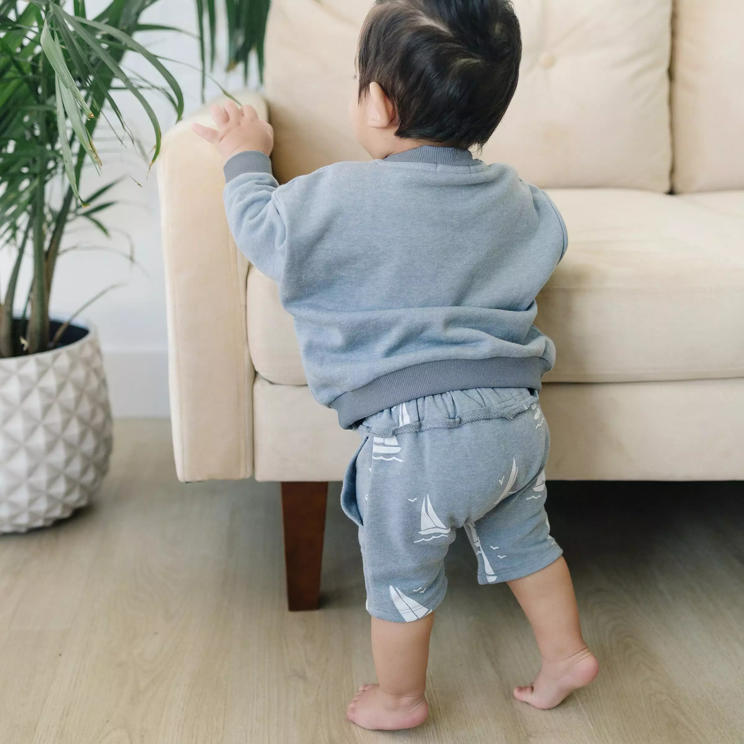 oh baby! Cotton French Terry Pocket Shorts - Sailboat Print - Fog