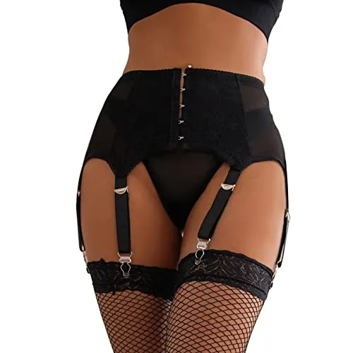 ohyeahqueen Women's Mesh Plus Size Garter Belt High Waisted Suspender Belt with 6 Metal Clips for Stockings/Lingerie, Black, 1X-