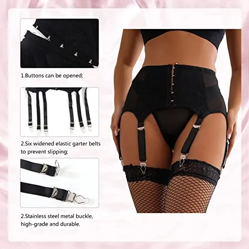 ohyeahqueen Women's Mesh Plus Size Garter Belt High Waisted Suspender Belt with 6 Metal Clips for Stockings/Lingerie, Black, 1X-