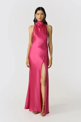 Penelope Backless Satin Gown in Fuchsia