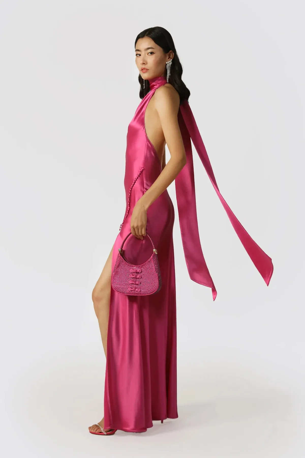 Penelope Backless Satin Gown in Fuchsia