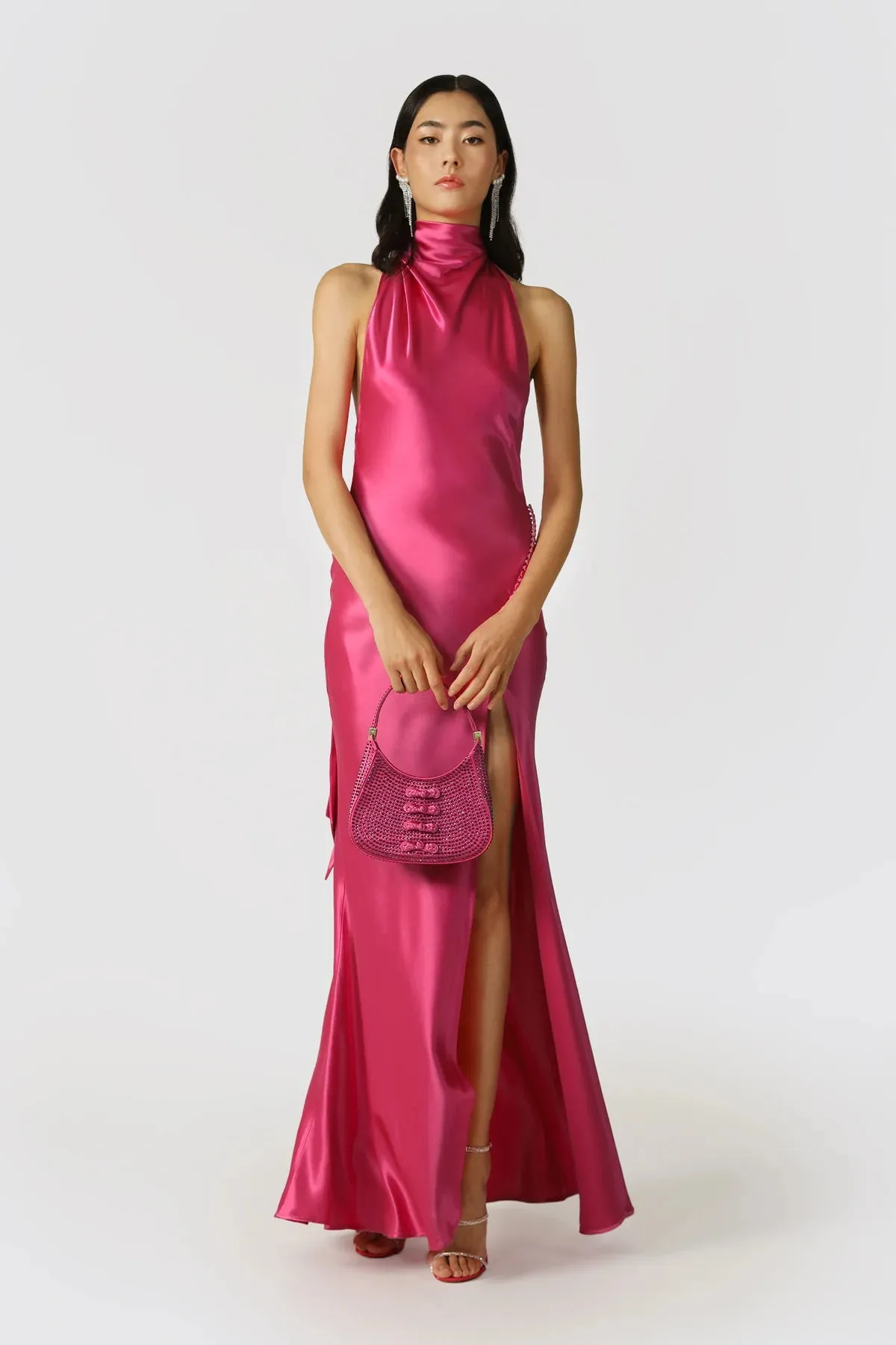 Penelope Backless Satin Gown in Fuchsia