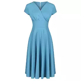 Pretty Blue Vintage A Line Crossover Capped Sleeve Tea Swing Dress