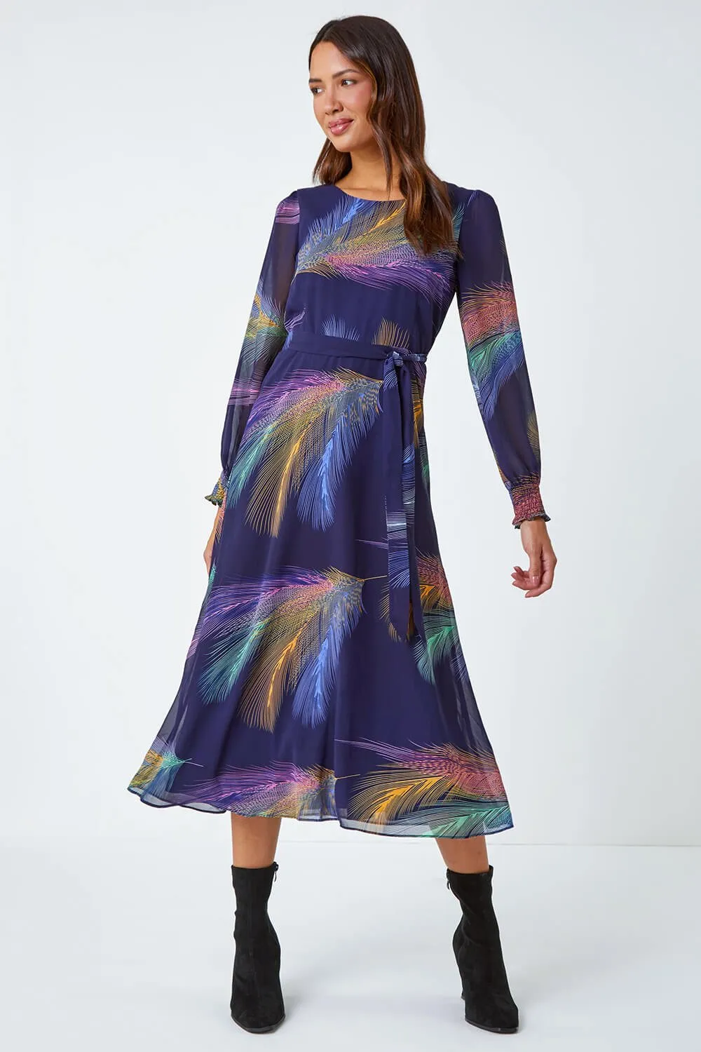 Purple Feather Print Belted Midi Dress | Roman UK