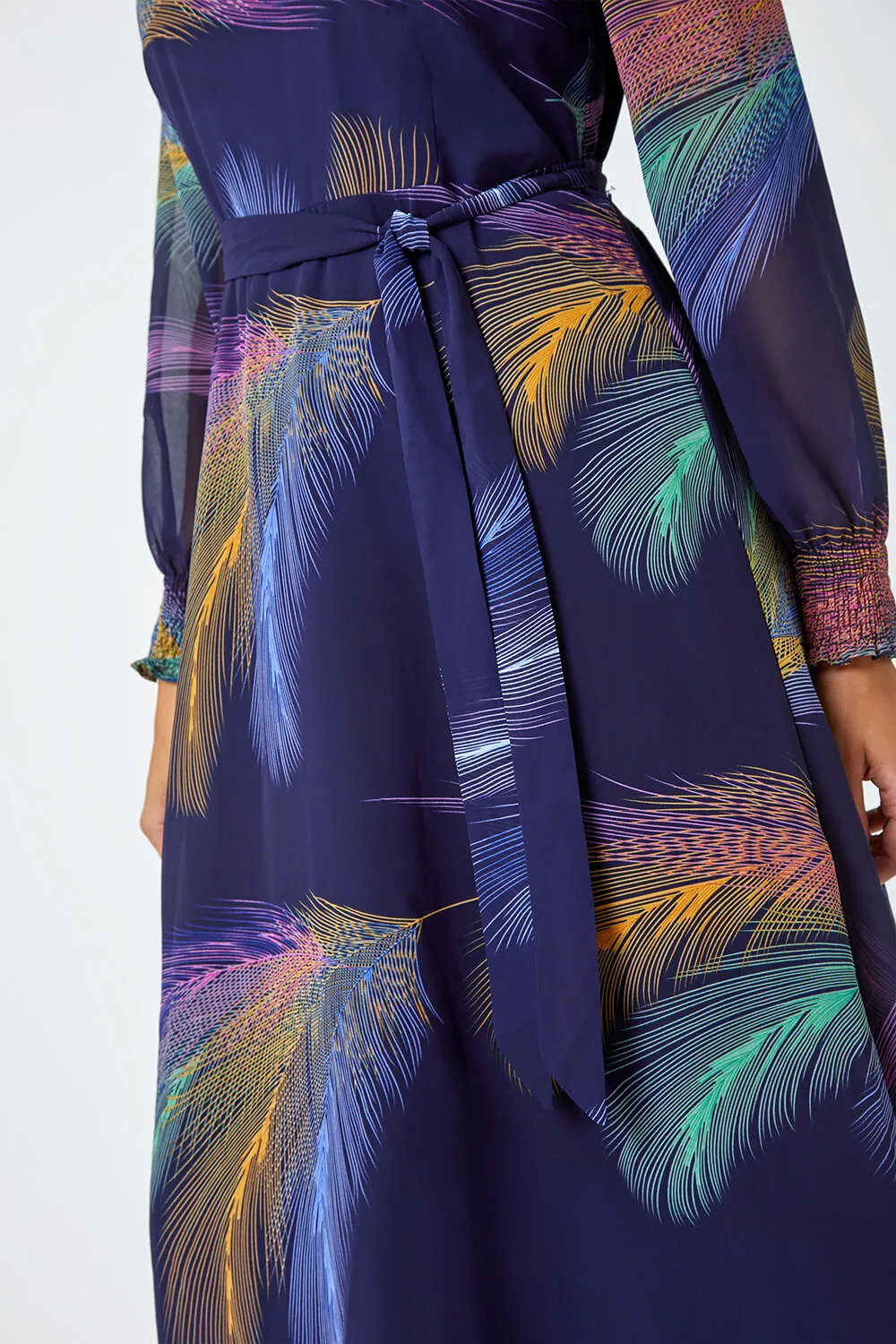 Purple Feather Print Belted Midi Dress | Roman UK