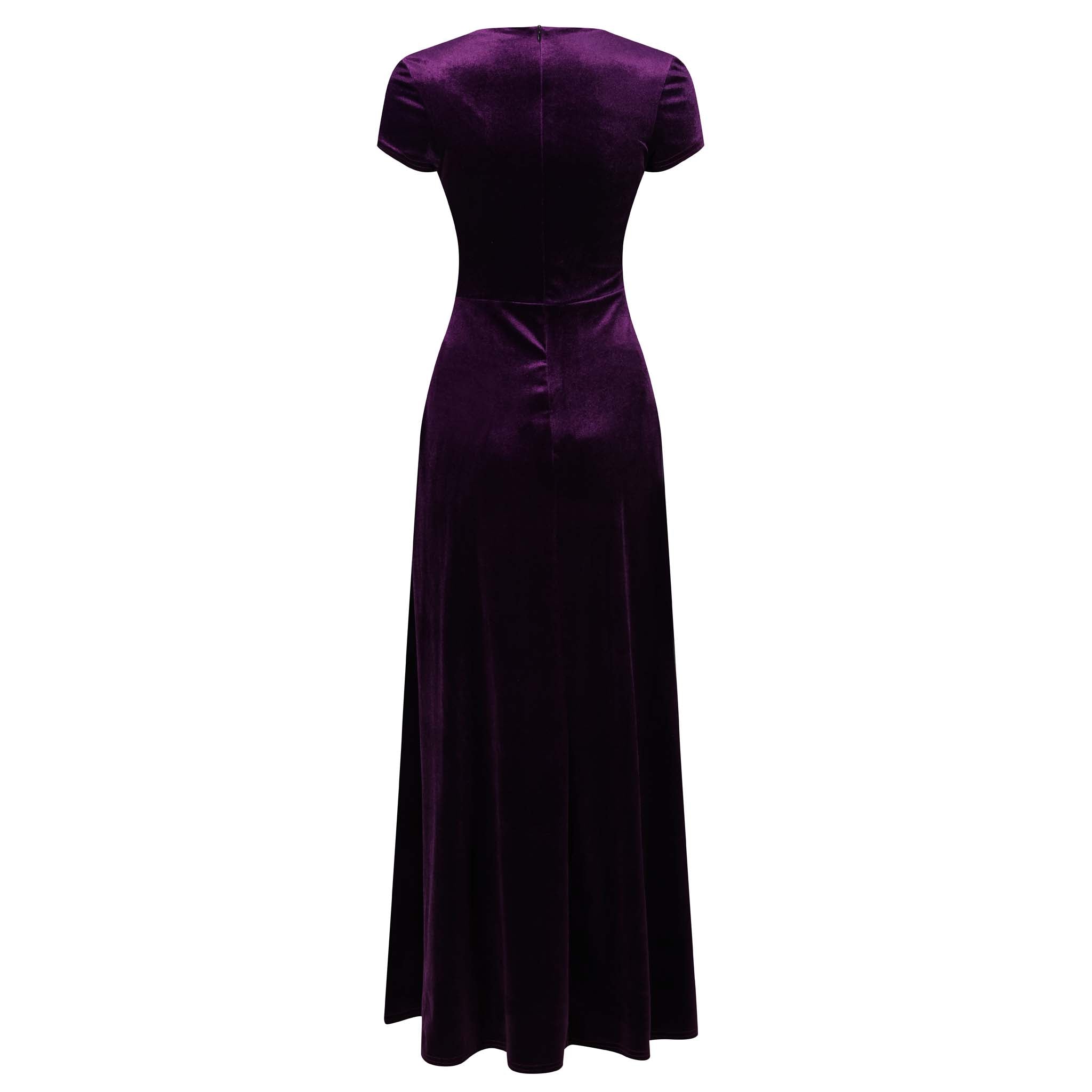 Purple Velour V Neck Cap Sleeve Maxi Dress