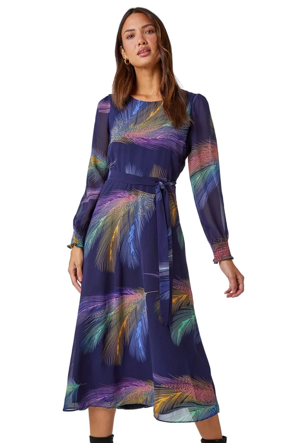 Roman Purple Feather Print Belted Midi Dress