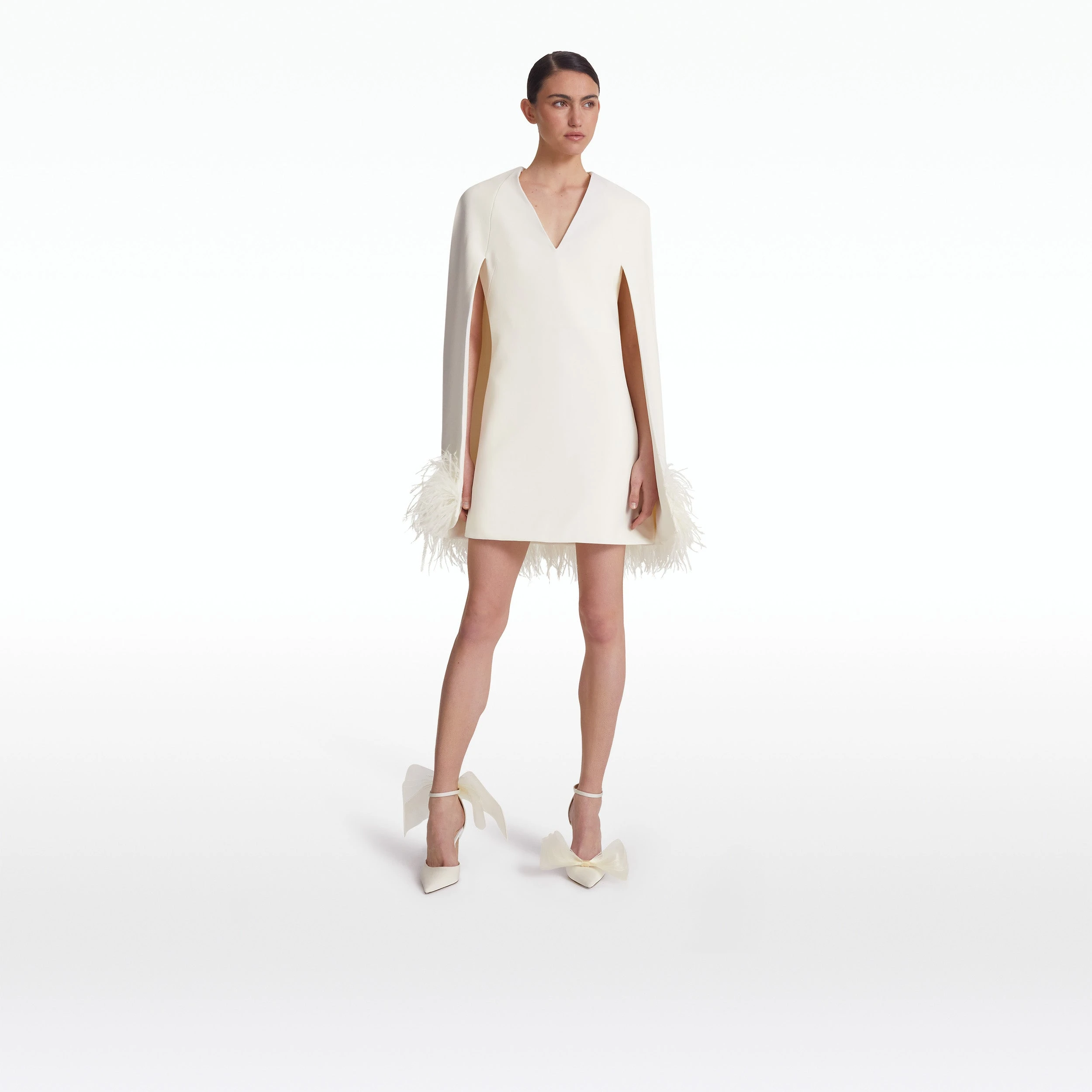 --Rowenal Ivory Feather-Trimmed Short Dress-