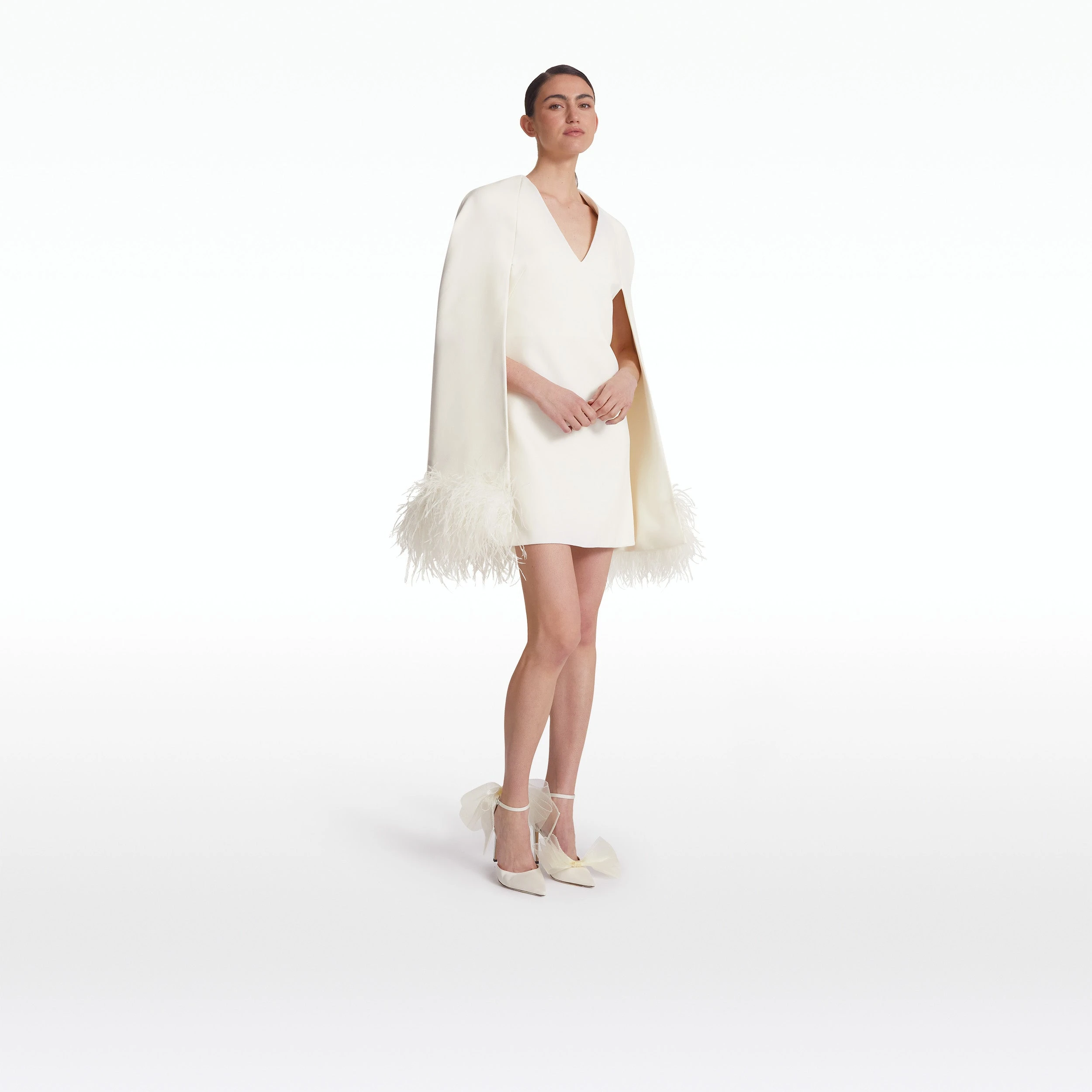 --Rowenal Ivory Feather-Trimmed Short Dress-