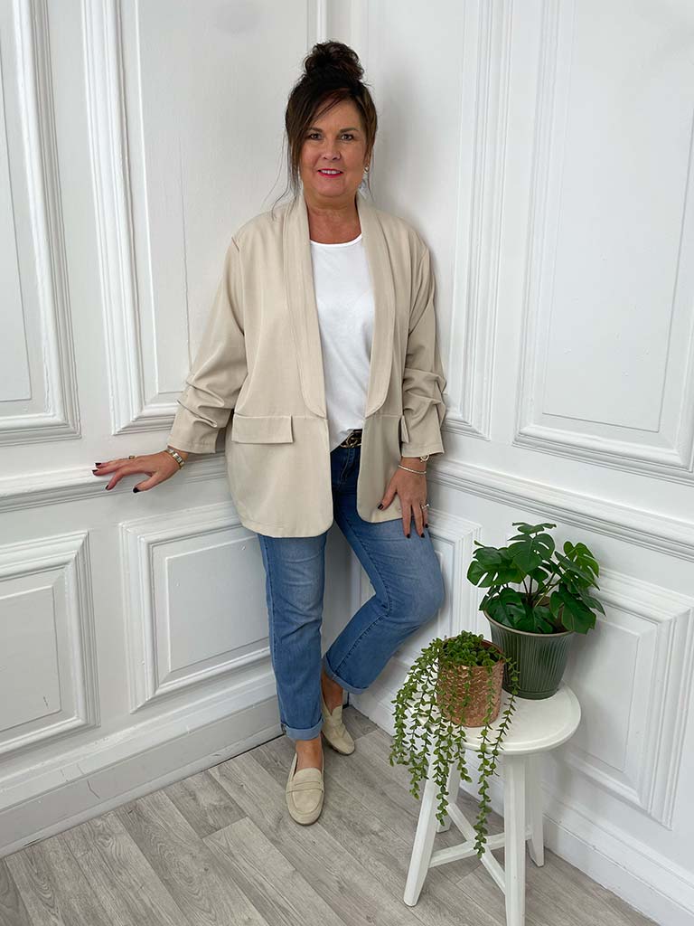 Ruched Sleeve Boyfriend Blazer - Stone