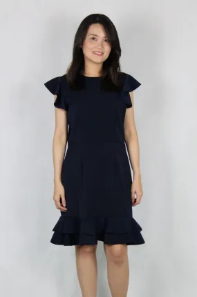 Ruffles Sleeves Double Layer Dress in Navy Blue