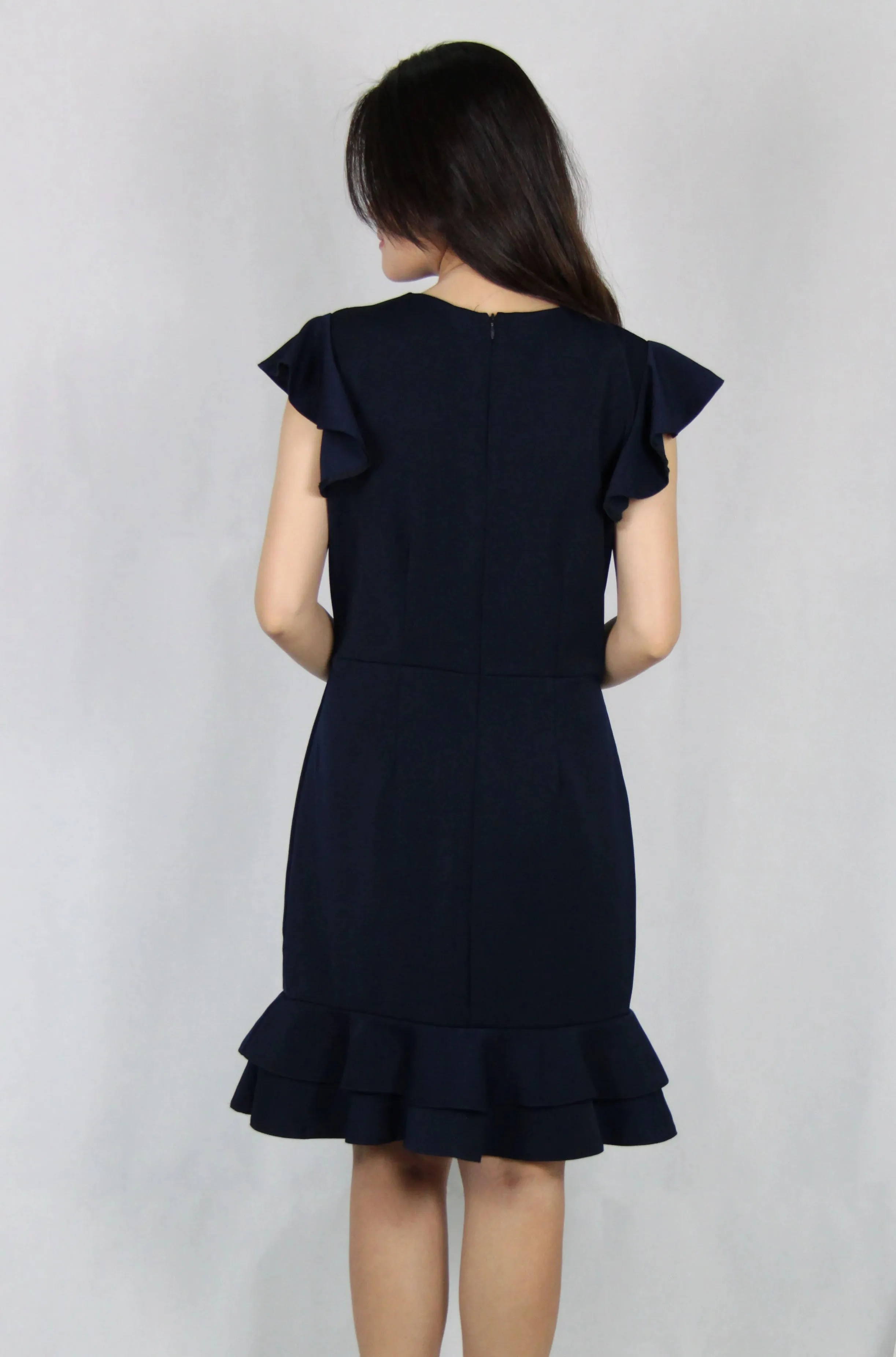 Ruffles Sleeves Double Layer Dress in Navy Blue