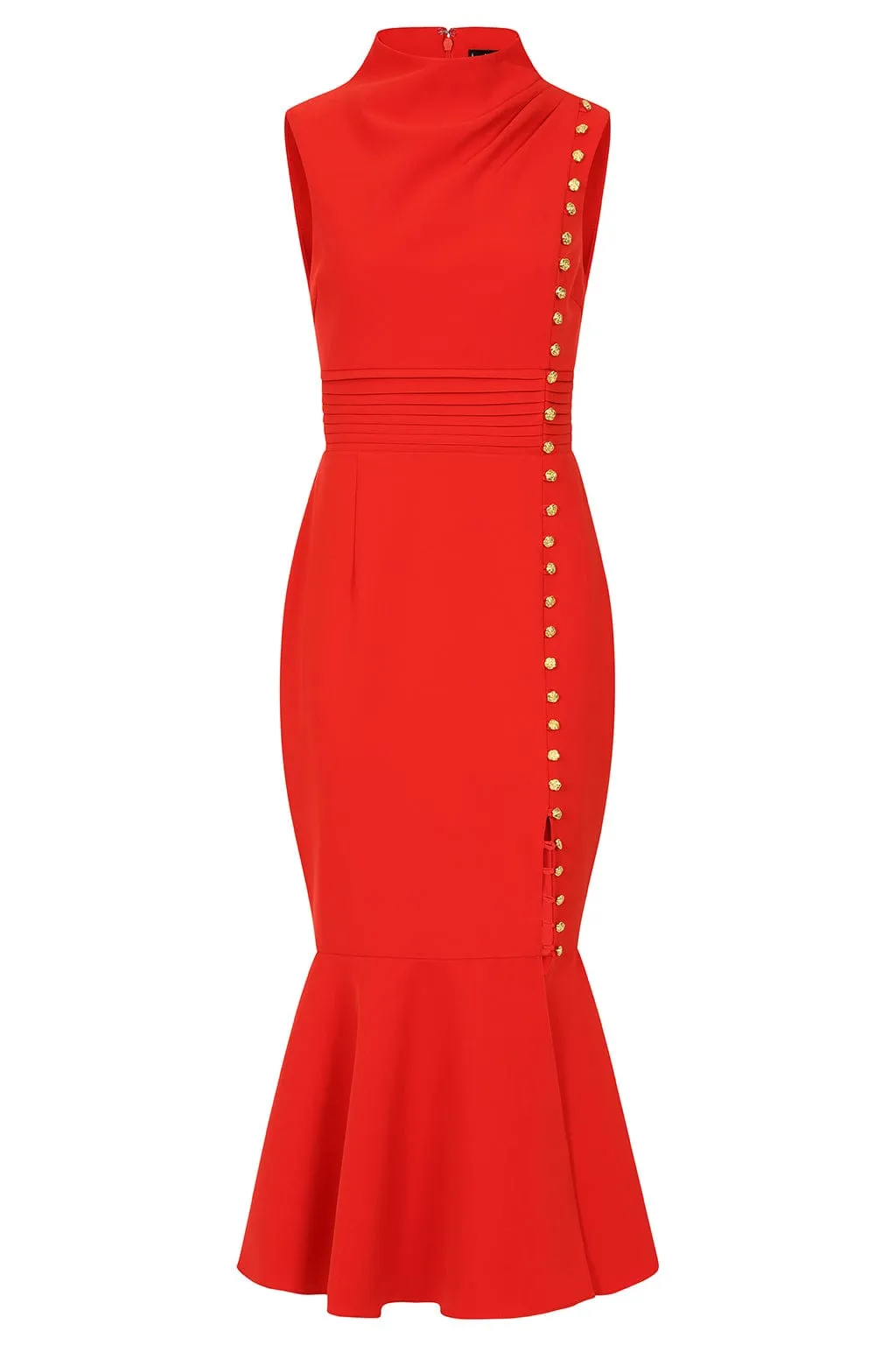 SAFFRON High Neck Rose Button Midi Dress in Red