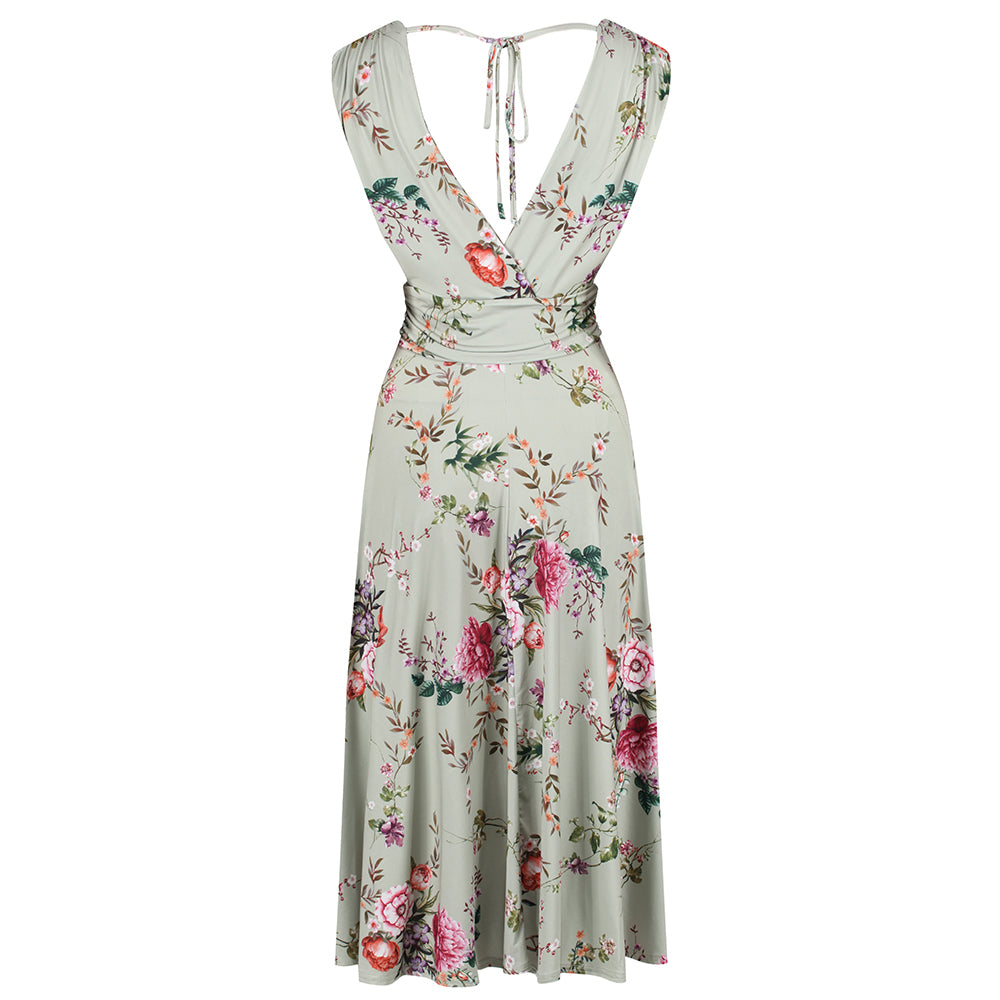 Sage Green Floral V Neck Crossover Top Empire Waist Swing Dress