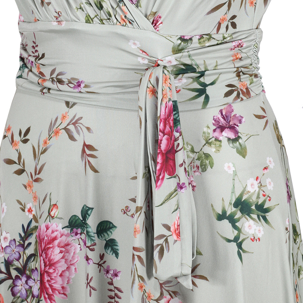 Sage Green Floral V Neck Crossover Top Empire Waist Swing Dress