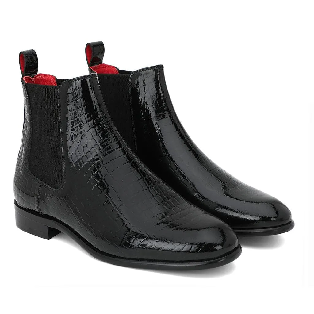 Saint Eadred Black Croco Patent Shiny Leather Chelsea boot