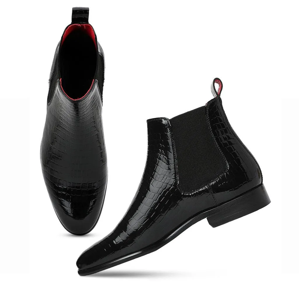 Saint Eadred Black Croco Patent Shiny Leather Chelsea boot