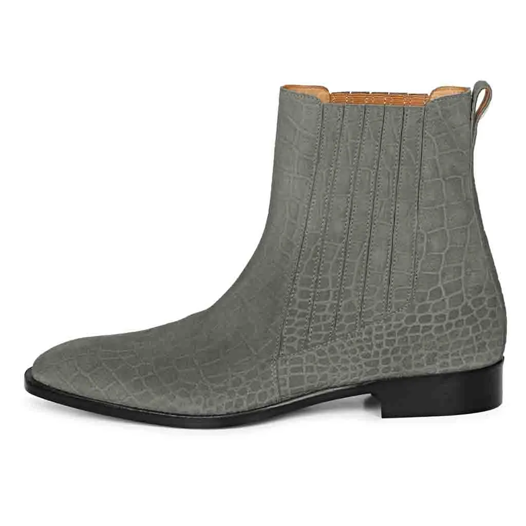 Saint Ollie Grey Croco Print Suede Leather Chelsea boot