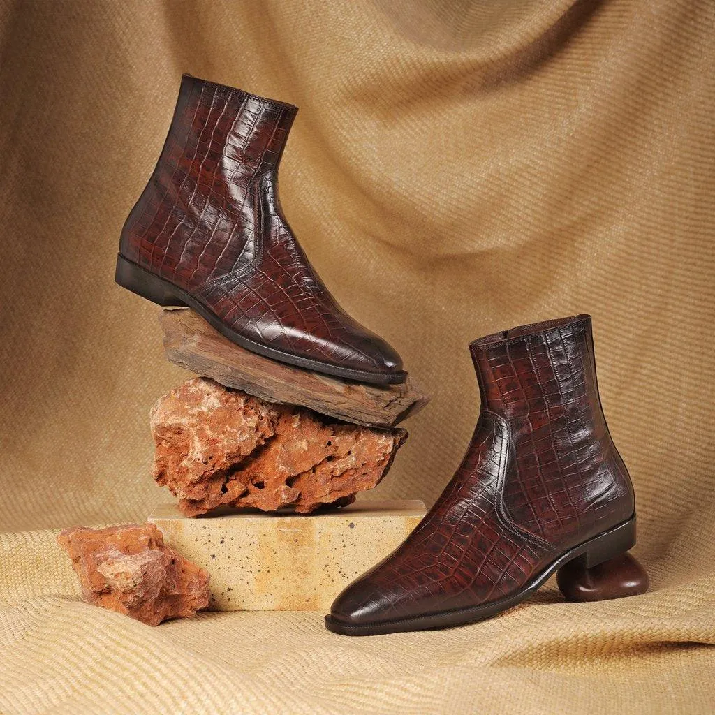 Saint Umberto Brown Croco Embossed Two Color Toned Leather Boot With Set