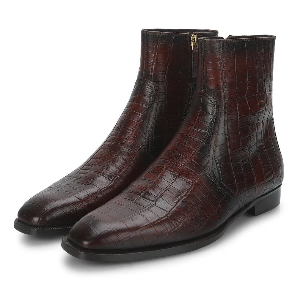 Saint Umberto Brown Croco Embossed Two Color Toned Leather Boot With Set