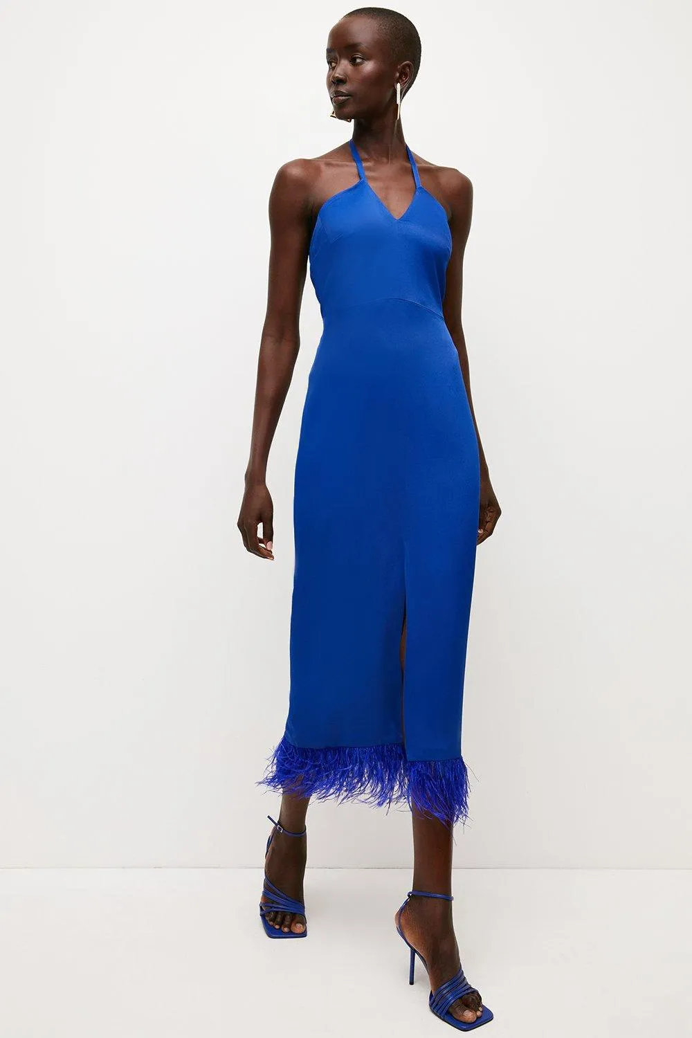 Satin Back Crepe Feather Halter Maxi Dress | Karen Millen