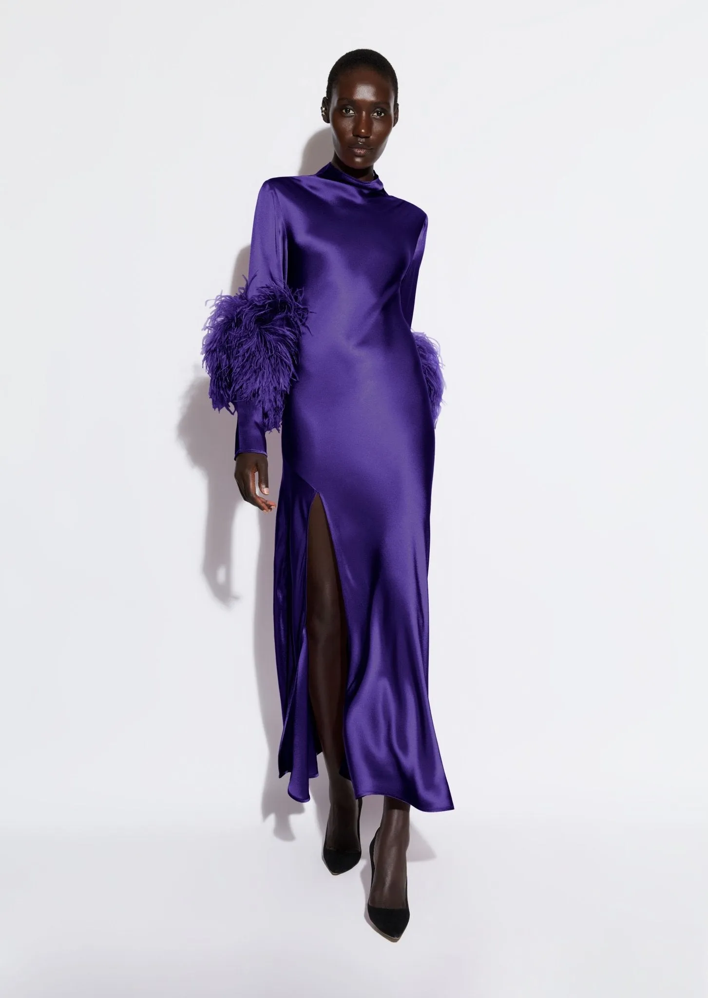 --Satin Bias Feather Dress With Slit-