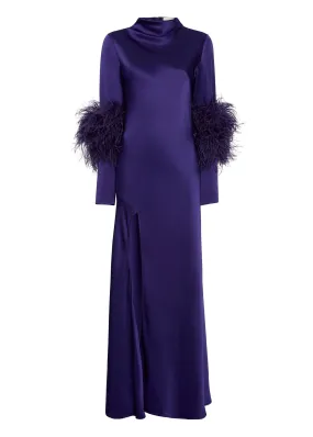 --Satin Bias Feather Dress With Slit-