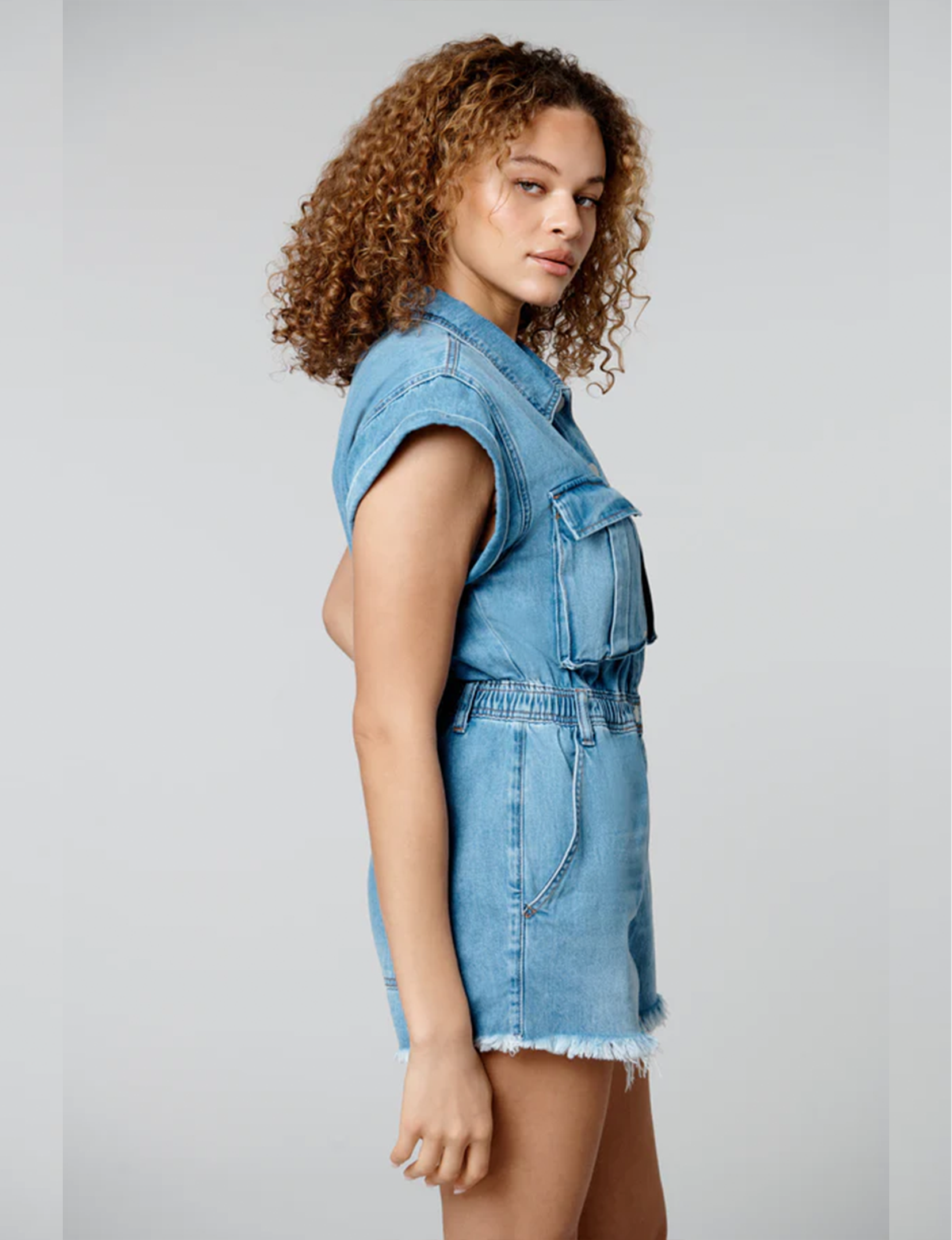 Short Sleeve Distressed Denim Romper, Sit Tight