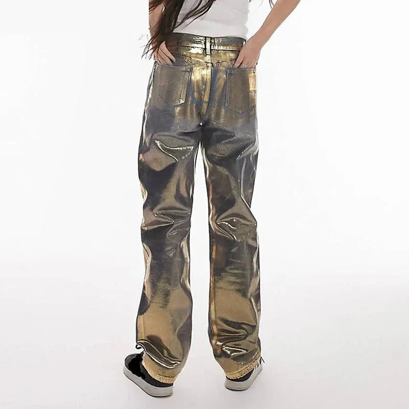 Streetwear Style Metallic Painted Wide Leg Denim Pants for Women