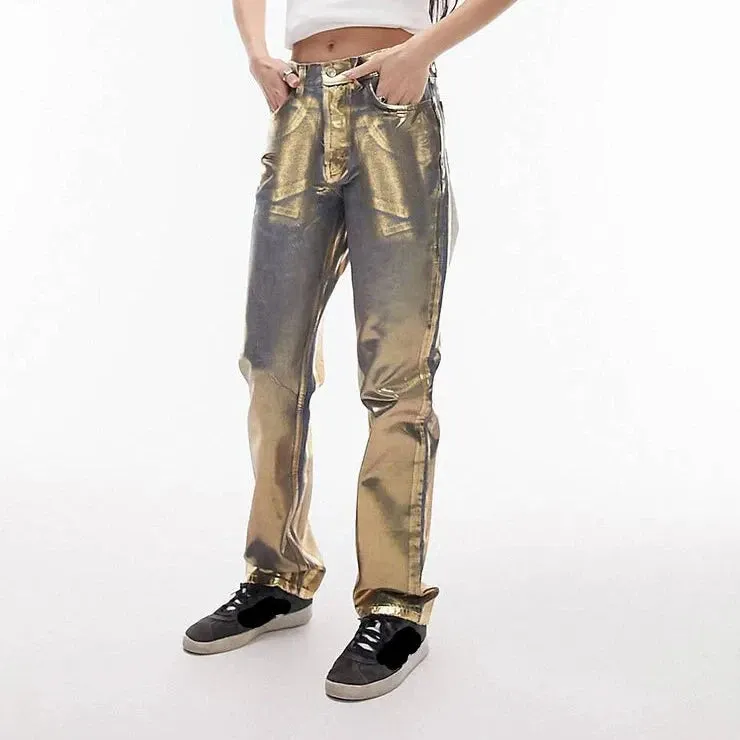 Streetwear Style Metallic Painted Wide Leg Denim Pants for Women