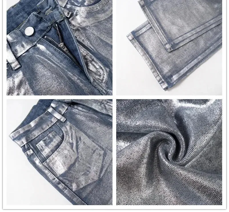 Streetwear Style Metallic Painted Wide Leg Denim Pants for Women