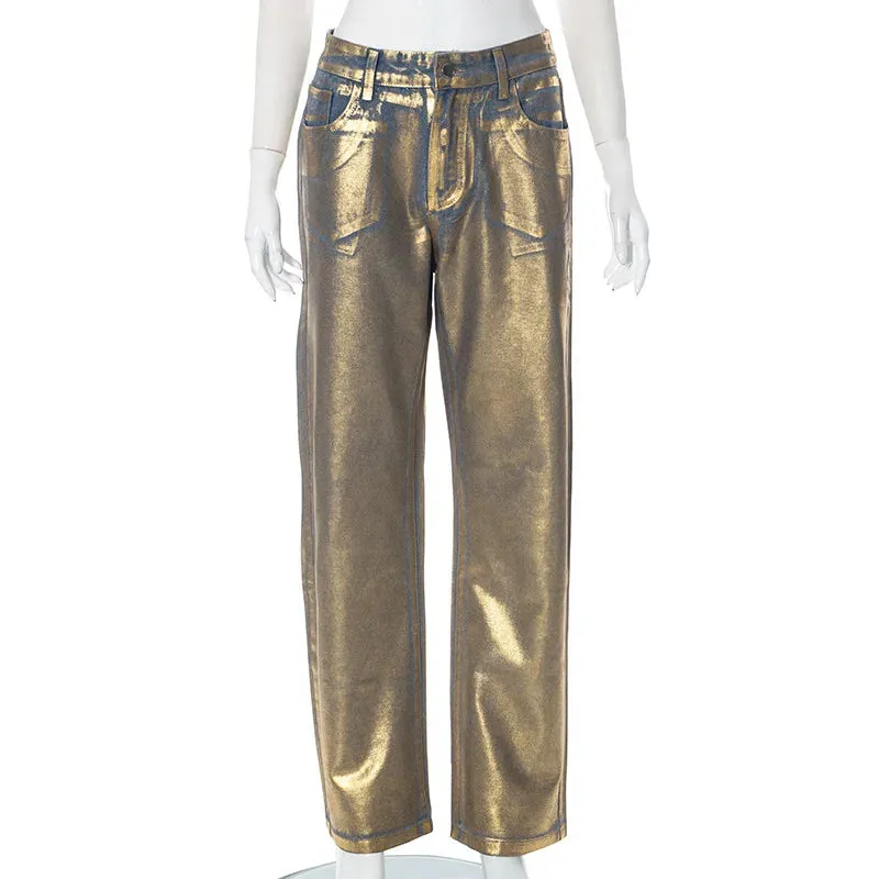 Streetwear Style Metallic Painted Wide Leg Denim Pants for Women