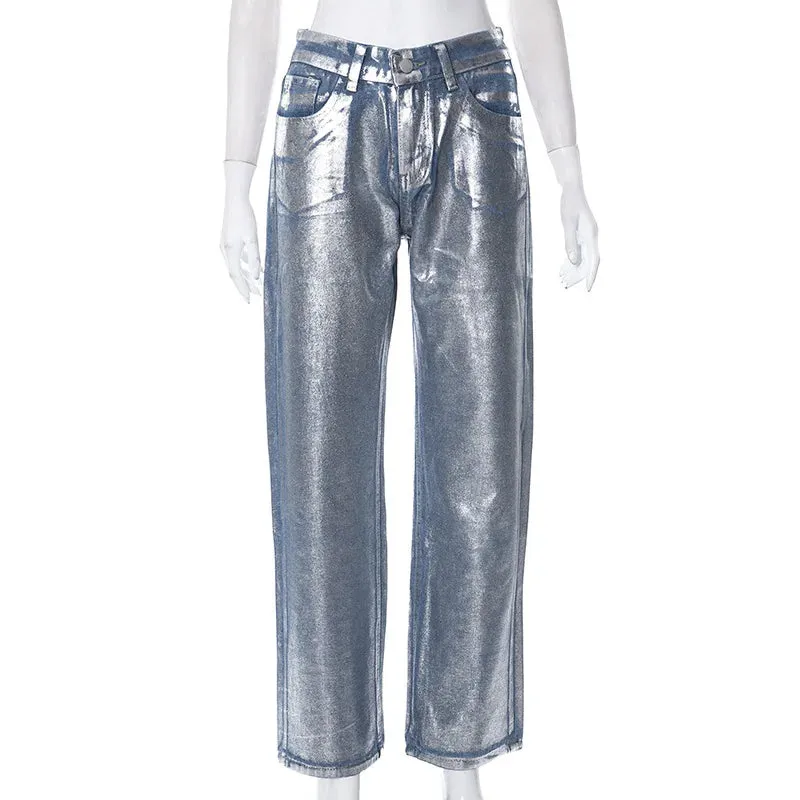 Streetwear Style Metallic Painted Wide Leg Denim Pants for Women