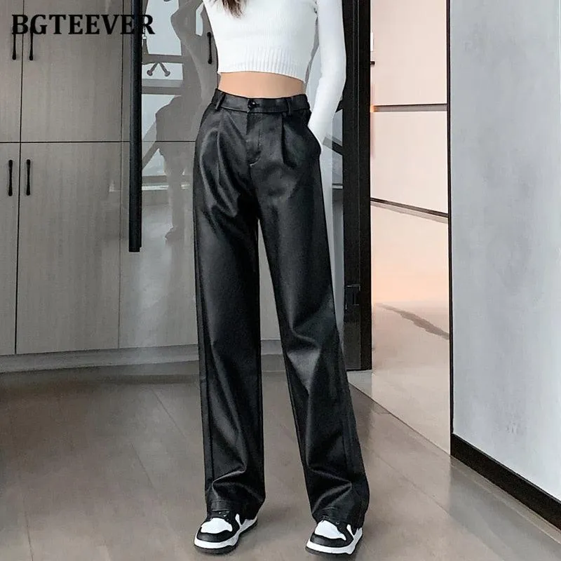 Stylish High-Waisted PU Leather Trousers for Women - Chic and Loose Fit Design