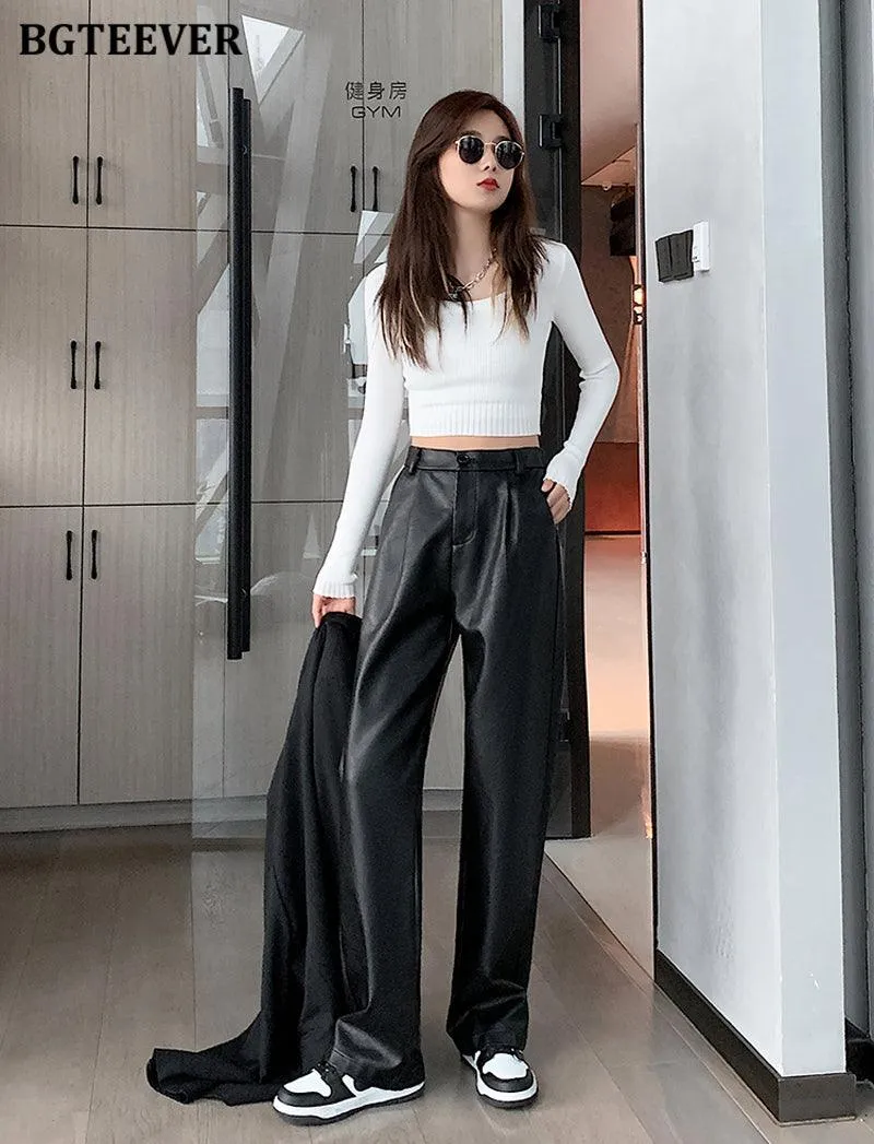 Stylish High-Waisted PU Leather Trousers for Women - Chic and Loose Fit Design