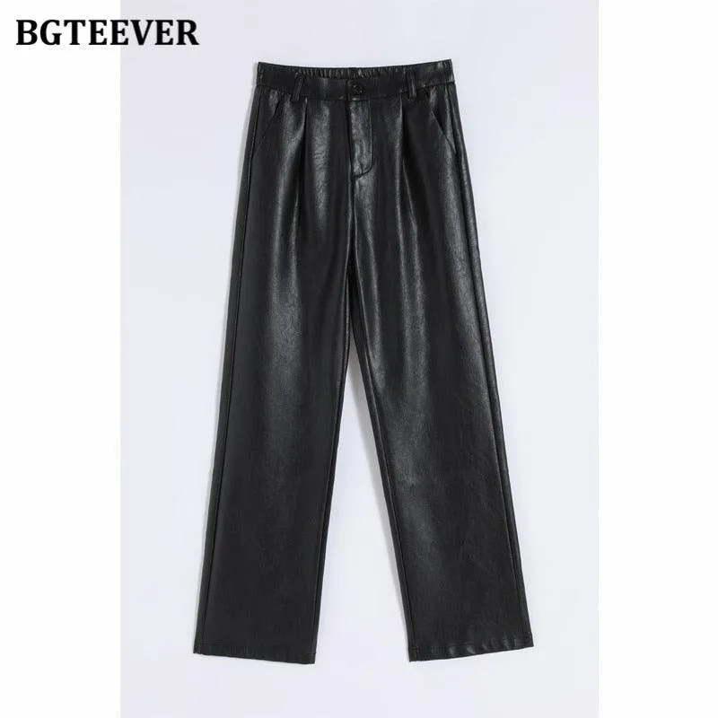 Stylish High-Waisted PU Leather Trousers for Women - Chic and Loose Fit Design