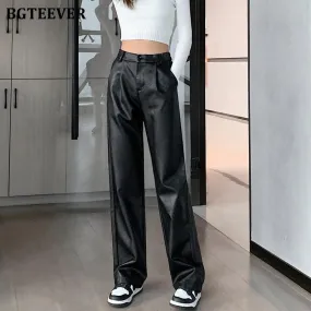 Stylish High-Waisted PU Leather Trousers for Women - Chic and Loose Fit Design